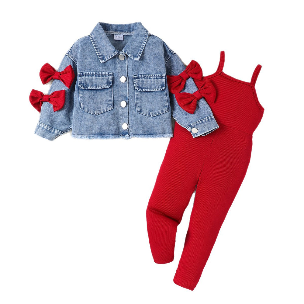 Kids clothing cross-border exportfall and winternew arrival kids blue long sleevesoutwear red suspender jumpsuit