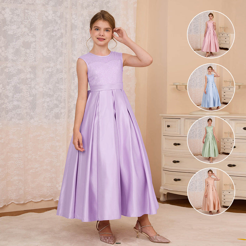 Custom-made girls' formal dresses for export: v-neck, bow accent, long princess dress for mid-to-large children, european and american style satin skirt