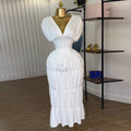 European and american cross-border women's fashion:  autumn new arrivals - sexy and elegant v-neck, waist-cinching white dress with ruched detailing