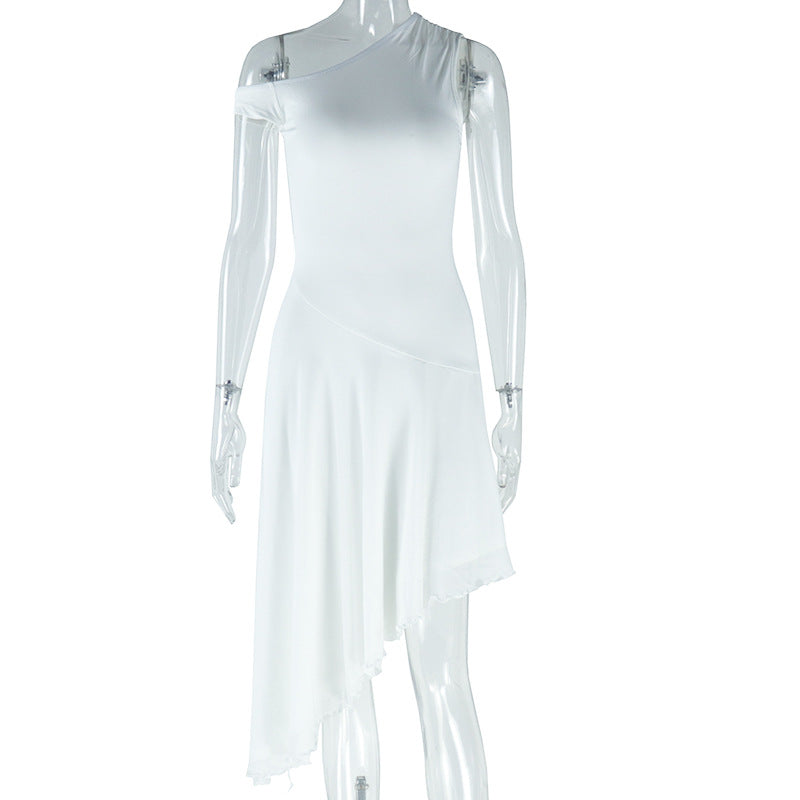 European and american style ins foreign trade women's fashion solid color dress - asymmetrical off-the-shoulder sleeveless dress