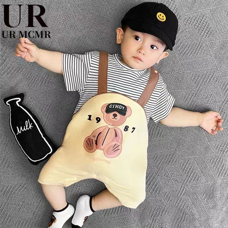 Baby short-sleeve romper with mock straps - lightweight summer outfit for newborn boys and girls