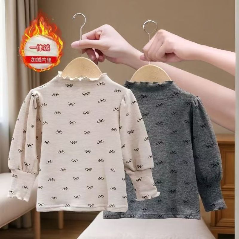 girls' autumn/winter new bowknot base layer top - stylish, warm, and thickened half-high neck for infants and toddlers