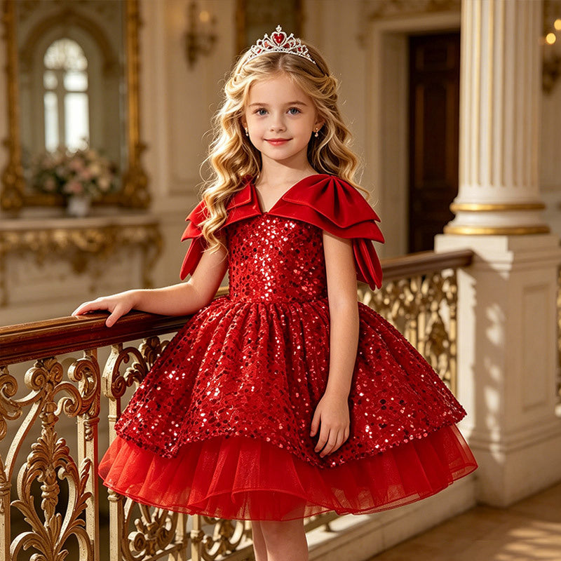 Girls' formal dress - knee-length puffy skirt with sequin accents - perfect for parties, fashionable kids' princess dress, birthday outfit - in stock