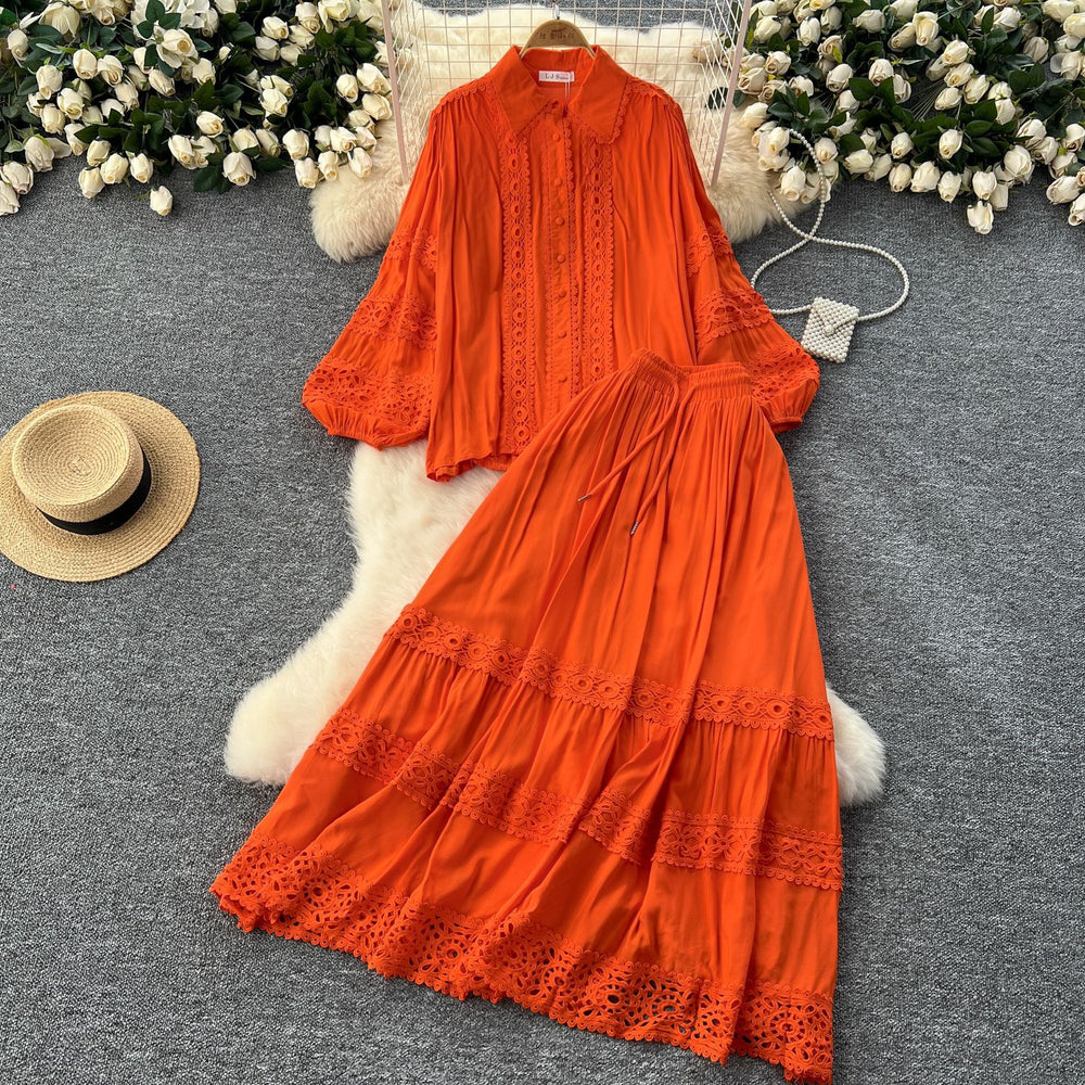 Age-reducing suit for women classy sense cut outlacepatchwork lantern long sleevesshirt + high waistslimming look large swing skirt
