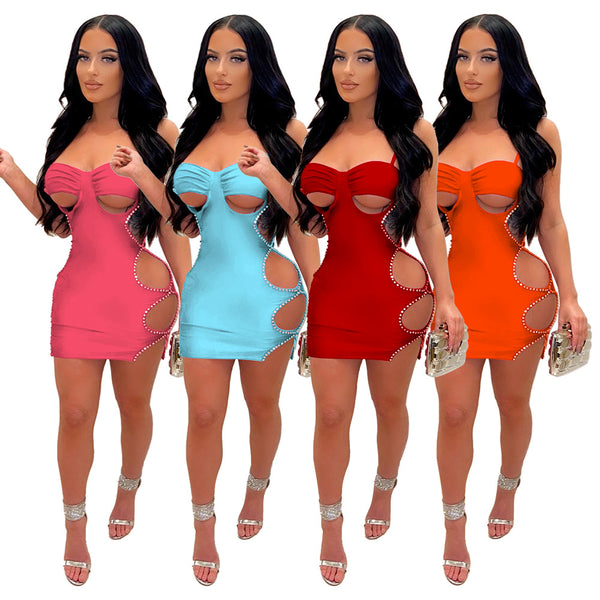 K10065  popular women's clothing  2022 European and American  hot drilling hollow sexy suspender nightclub skirt