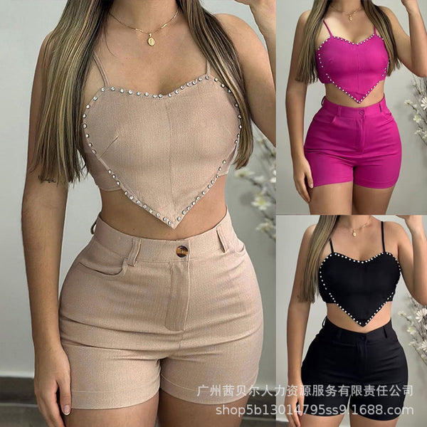 European and American new women's clothing hot diamond splicing love sling vest casual set 2-piece set WMPS0023