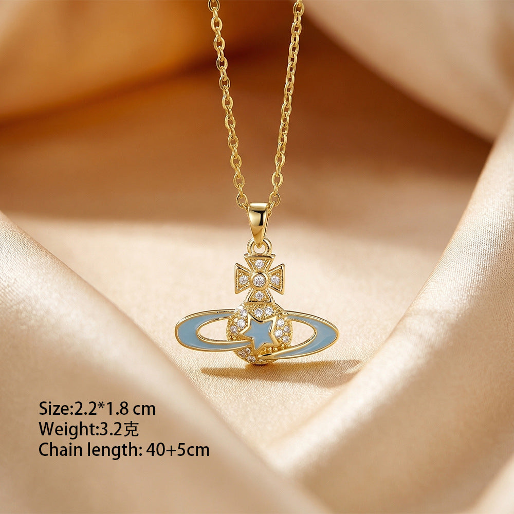 Fashionbest selling copper inlaid zirconium oil drop western queen mother saturn necklace women's accessible luxury niche styleeasiest for matchelegant collarbone chain jewelry