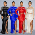 C6810 cross-border   fashion women's round neck mesh sequin long sleeve maxi dress two-piece set