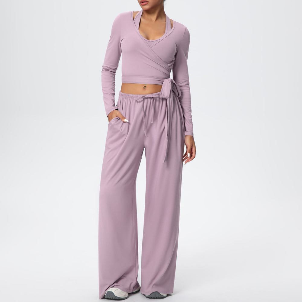 New arrival: solid color double-sided brushed fleece drawstring long-sleeve tank top three-piece set - perfect for sports, running, fitness, and yoga