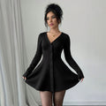 European and american  spring/summer new women's knitted tulip hem v-neck chanel-inspired long sleeve solid color mini dress