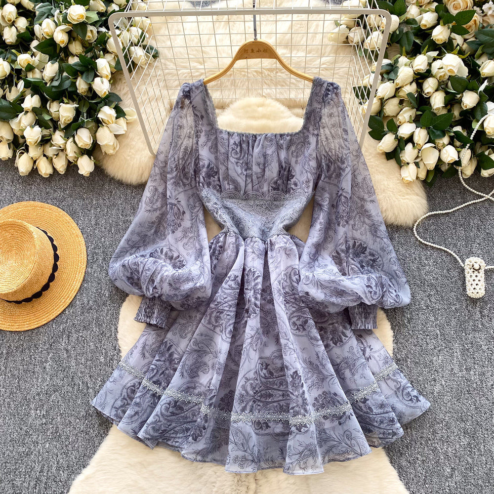 K-style lantern sleeve square collar printingdress women's summer waist small silm type a-line skirt work clothing short skirt