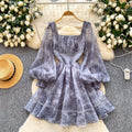 K-style lantern sleeve square collar printingdress women's summer waist small silm type a-line skirt work clothing short skirt