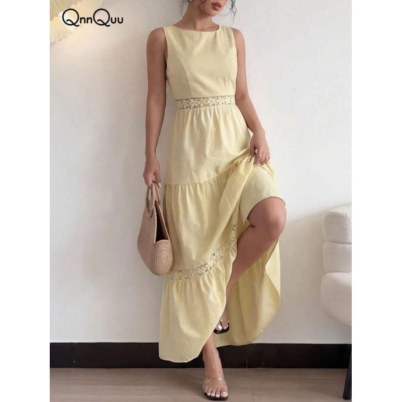 fashionsummernew arrival round neck sleeveless cut outlaceeleganceromanticcasual vacation dress