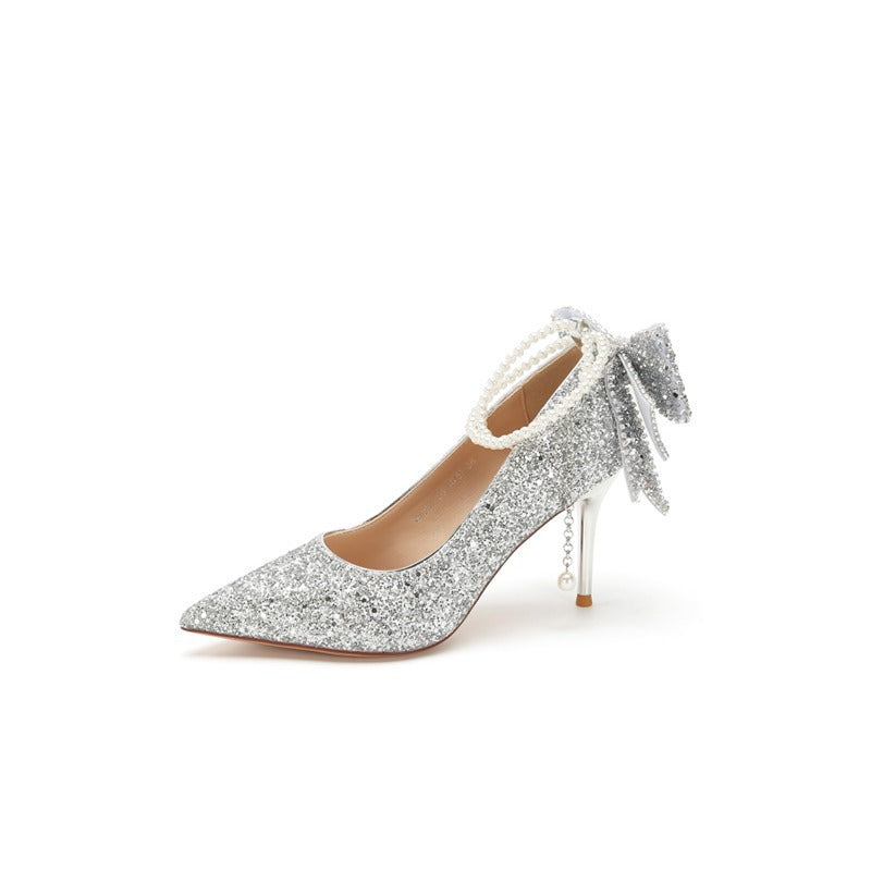 Xiuhe wedding dress bridal crystal sequin coming of age pearl chain bows women's high heels wedding shoes