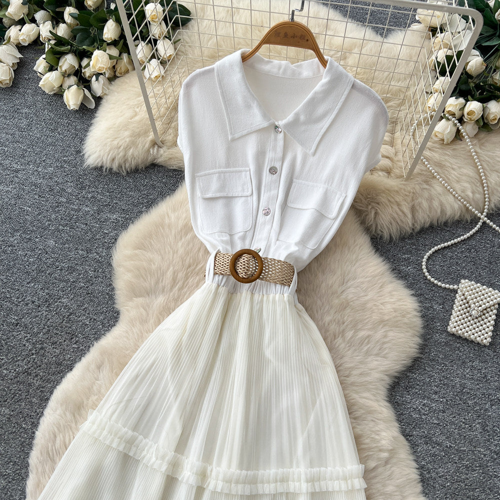 French white shirt patchwork a-line cake dress - summer slimming, waist-defining, commute-ready, elegant style