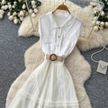 French white shirt patchwork a-line cake dress - summer slimming, waist-defining, commute-ready, elegant style