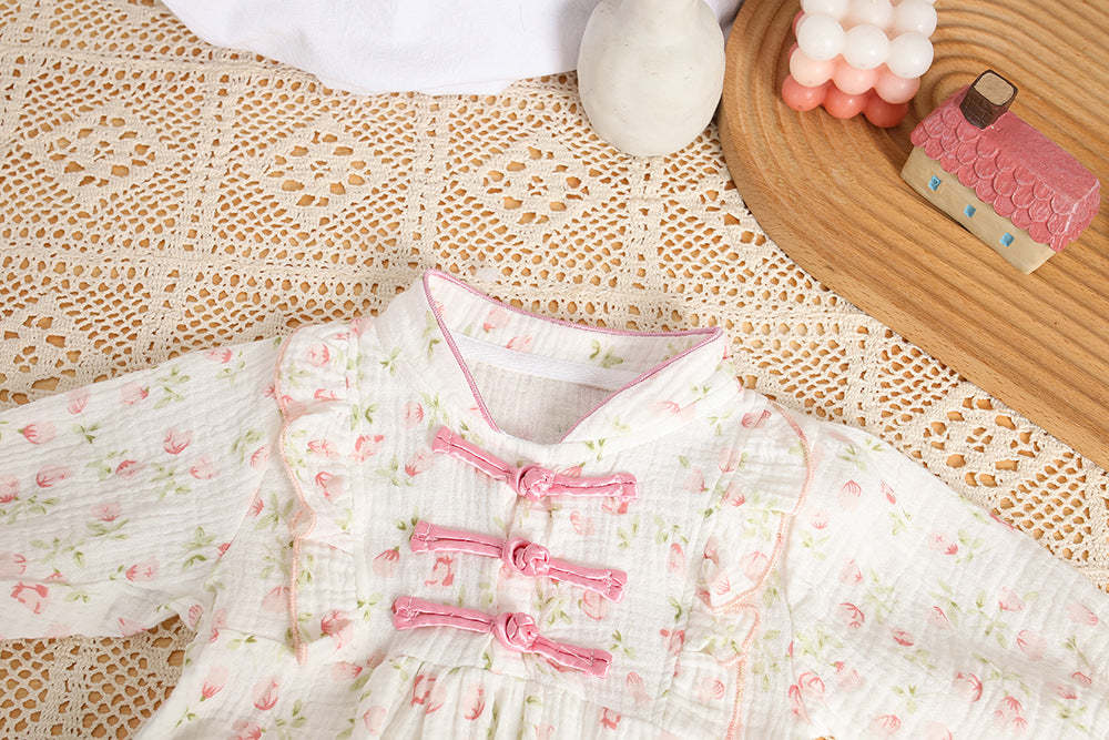 Baby spring & fall long-sleeve princess romper - floral print bodysuit for baby girls - korean style spring jumpsuit - trendy one-piece
