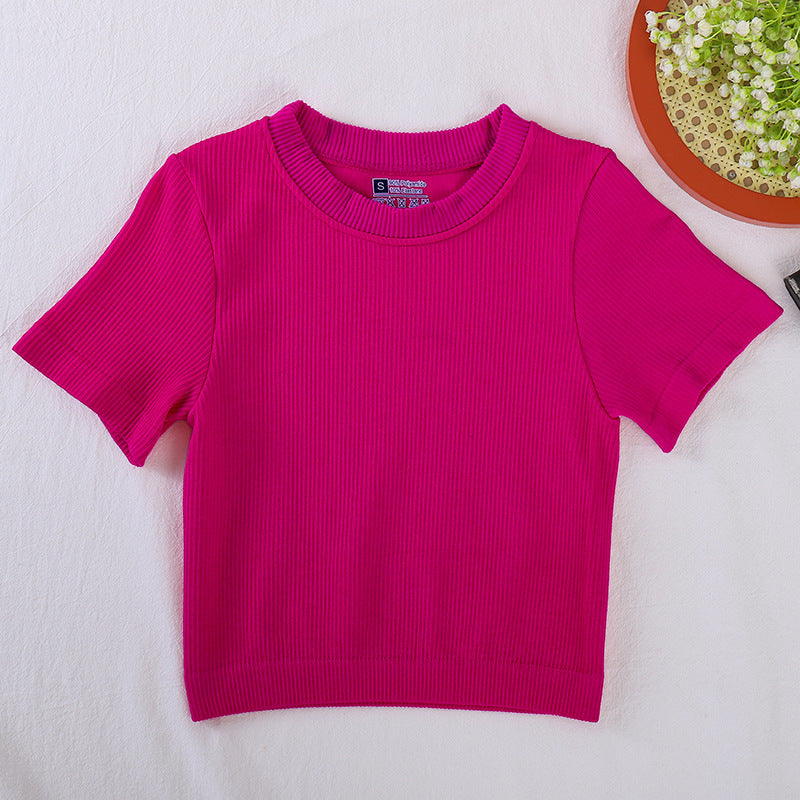 Cross-border new crew neck T-shirt  yoga sports short-sleeved threaded cotton spring and summer pullover short-sleeved top