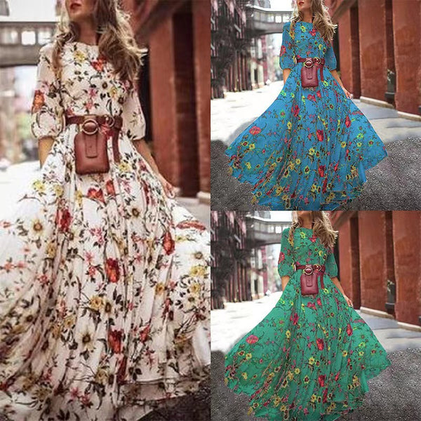 Printed long dress 2024 Europe, America,   French commuter style retro pendulum round neck floral dress