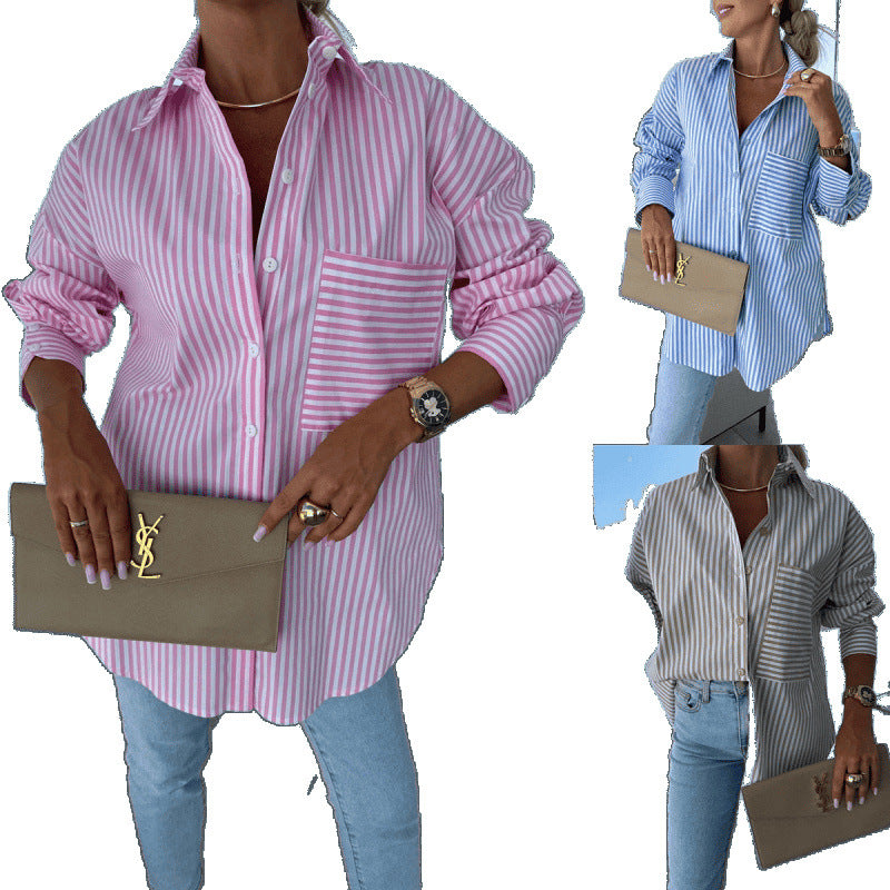 new autumn fashion casual button-down striped print long-sleeve shirt for women