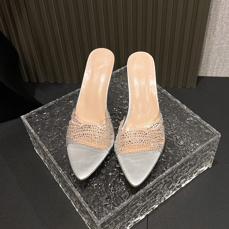Transparent rhinestone stiletto sandals - 2025 new arrival, plus size, european & american style, spring/summer new collection, solid color pointed toe high heel slippers for women
