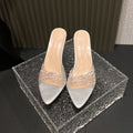 Transparent rhinestone stiletto sandals - 2025 new arrival, plus size, european & american style, spring/summer new collection, solid color pointed toe high heel slippers for women