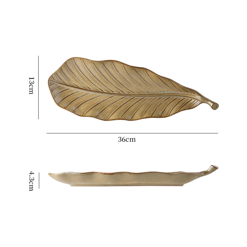 Vintage leaf ceramic creative long plate - sushi plate, western food & pastry plate, fruit & breakfast plate, exquisite dessert plate