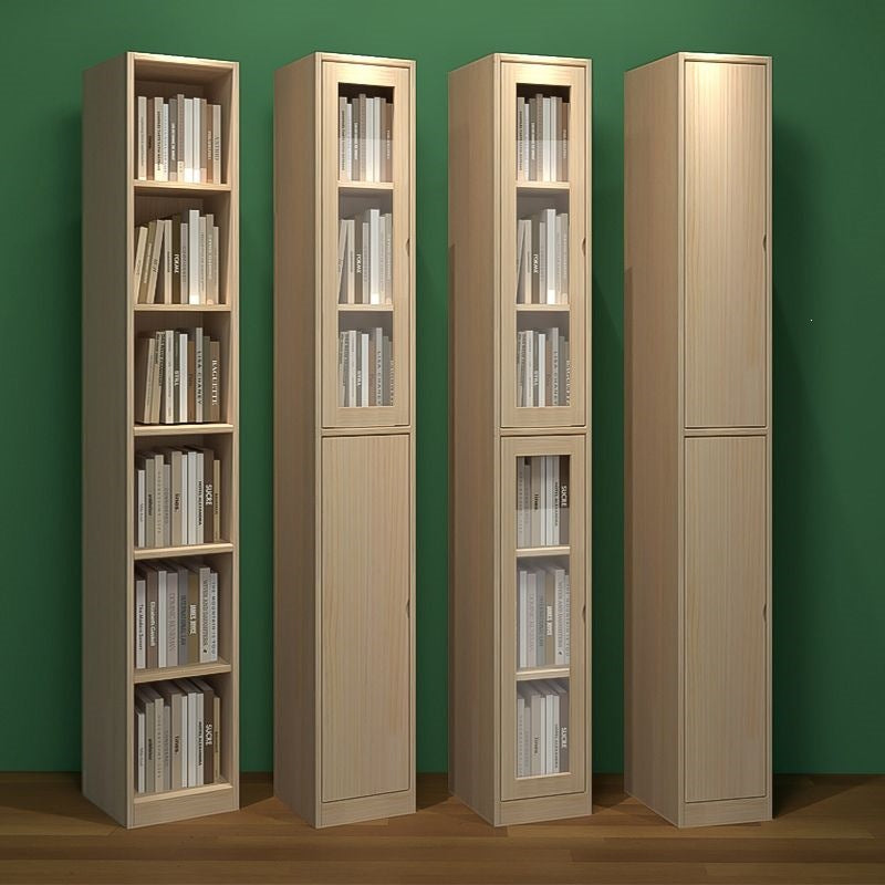 Solid wood bookcase with glass door, kids' bookshelf, home living room storage cabinet, dustproof display cabinet, narrow gap shelf