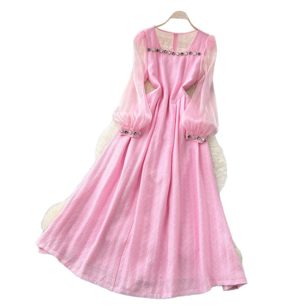 French gentle style heavy industry beading lantern sleeve dress women's k-style slimming lookhigh waista line elegance long skirtelegant