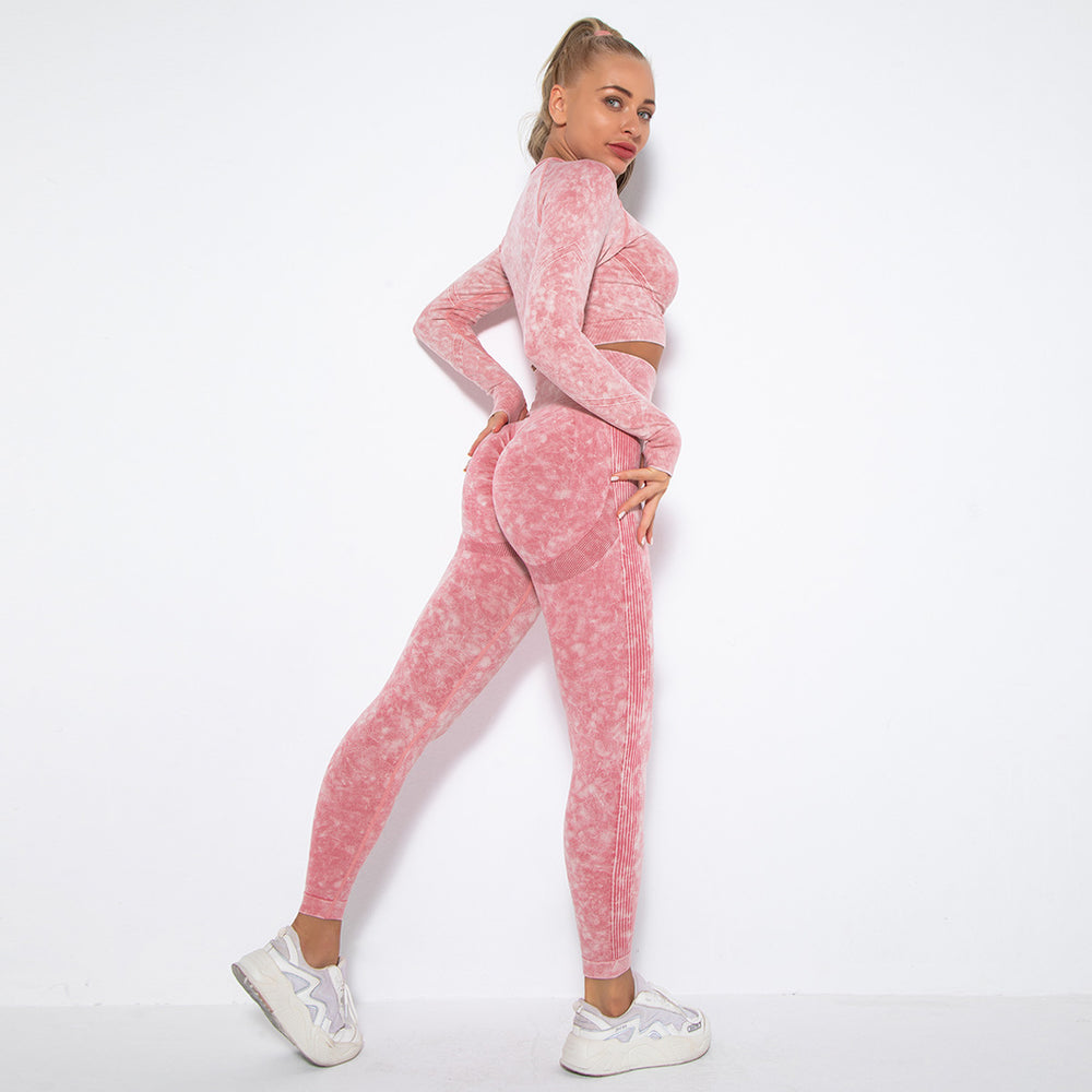 European and american new seamless washed smiley face yoga set - activewear long sleeve top and butt-lifting yoga pants two-piece set