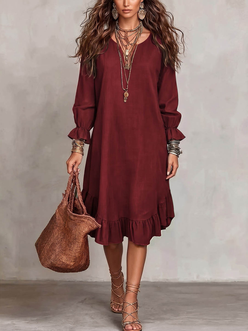 Women's vacation-ready slip dress: relaxed fit, v-neck, slit hem, ruffle trim, midi length - wholesale available