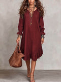 Women's vacation-ready slip dress: relaxed fit, v-neck, slit hem, ruffle trim, midi length - wholesale available