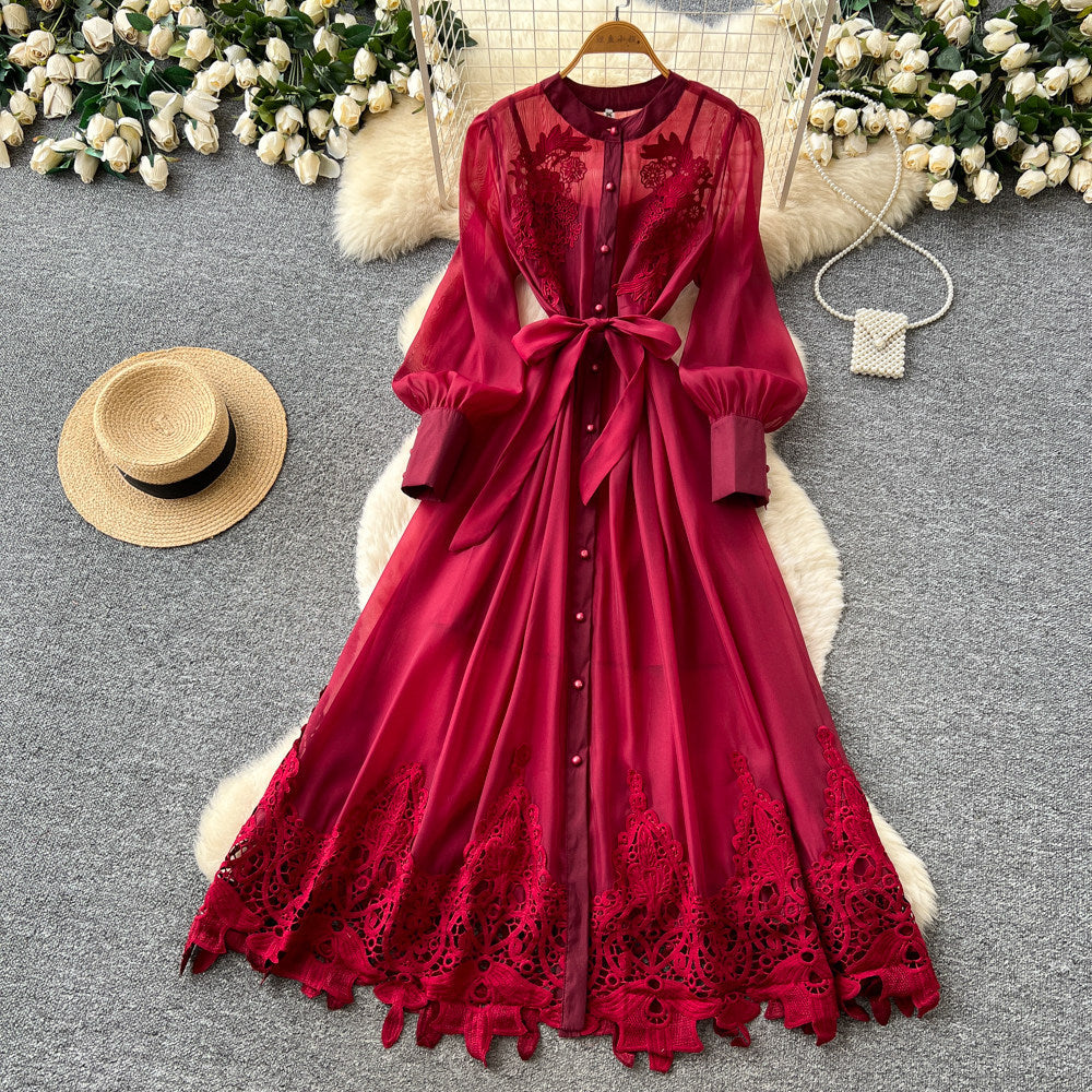 K-style heavy industry embroidercut outdress women's summerlong sleeves waist slimming lookwork clothingelegant yellow a-line skirt