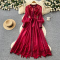 K-style heavy industry embroidercut outdress women's summerlong sleeves waist slimming lookwork clothingelegant yellow a-line skirt