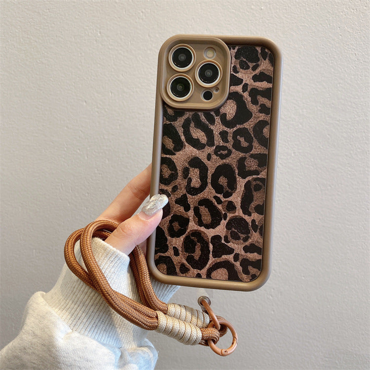 Brown apple 16pro leopard print mobile phone case iphone11/13 short lanyard protective cover xr apple 16 mobile phone case