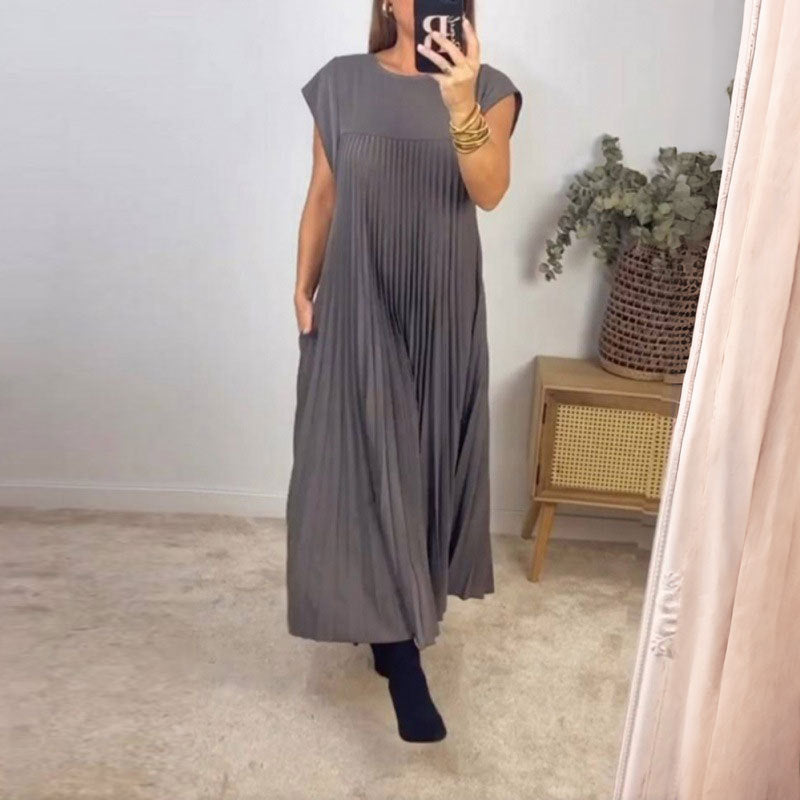 summer new arrivals: women's clothing - cross-border european & american style - elegant & fashionable round neck sleeveless pleated maxi dress
