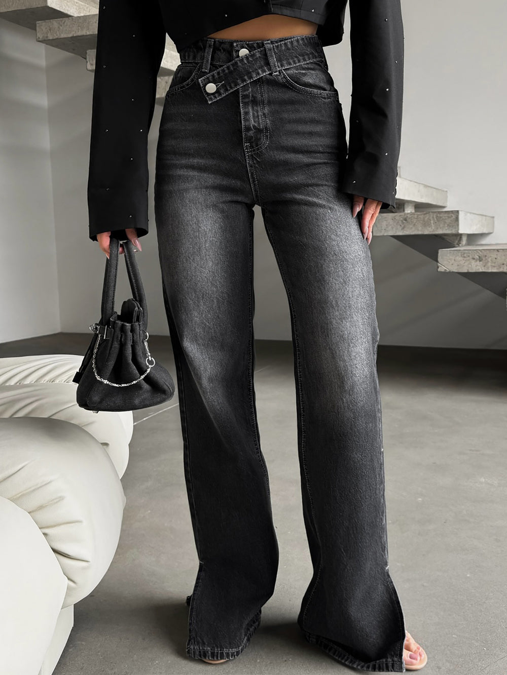 fashion style hot-selling black and gray jeans women's diagonal buckle high waiststraight-leg trousers slit at the hem micro-elastic jeans