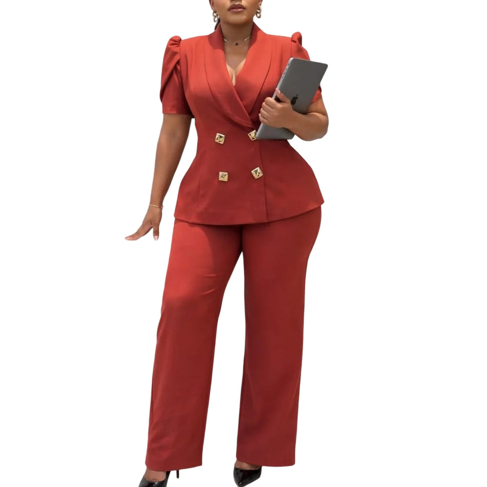 D634exportfashion cross-border  new short-sleeved lapel double-breasted tops high waistloose pantsexportsuit