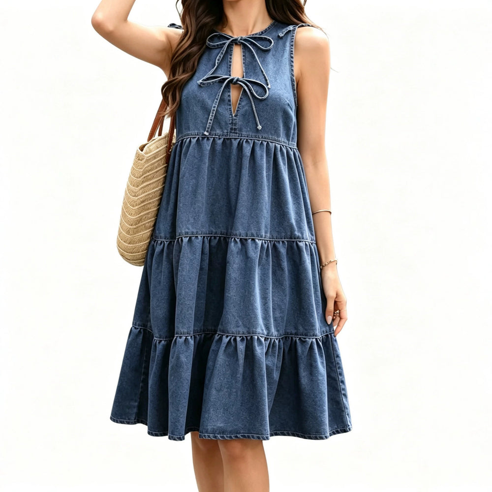 european and american summer new style bowknot sleeveless denim dress - women's european and american fashion trendy ruched mini dress