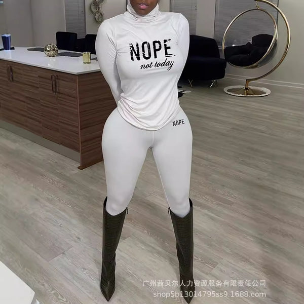 LZR15362 Spot Women's New Alphabet Printed Turtleneck Long Sleeve Slim T-Shirt Set Leggings 2 Set