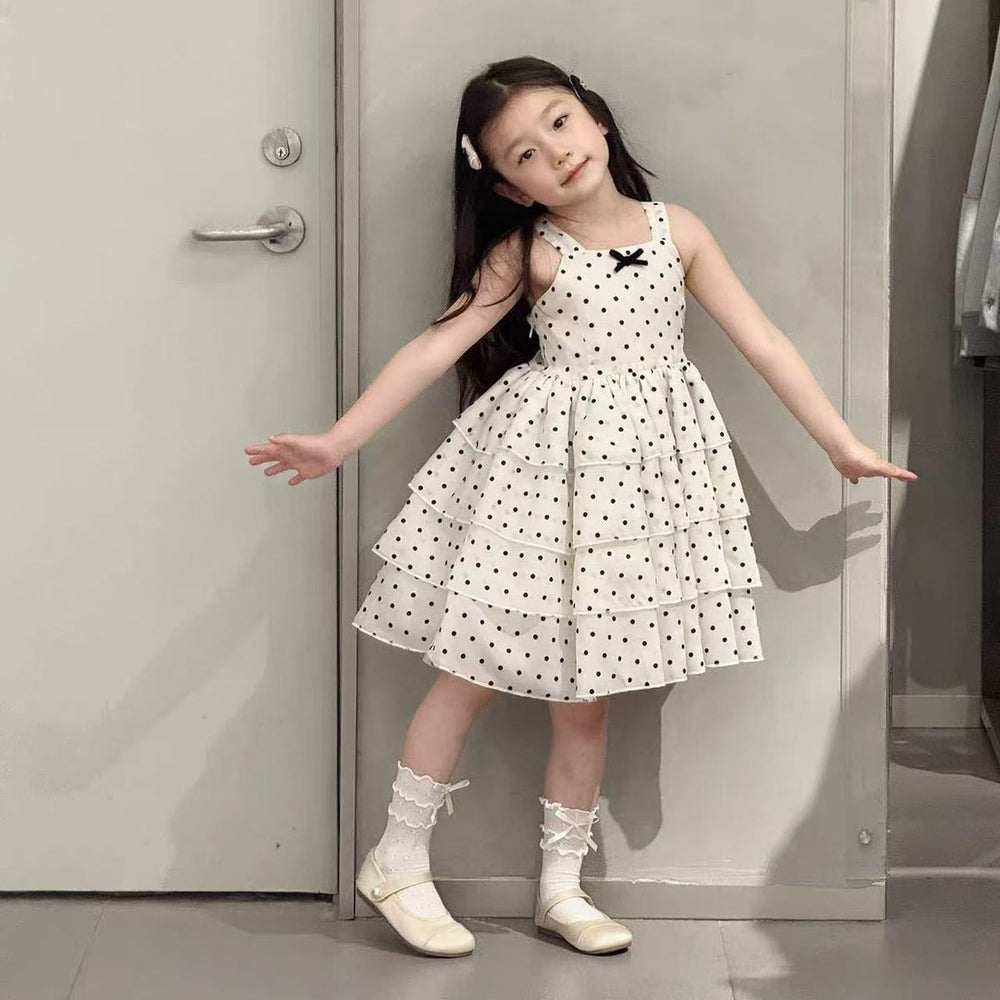 French style girls'  sundress - new summer polka dot tiered dress - baby puffy princess cute dress
