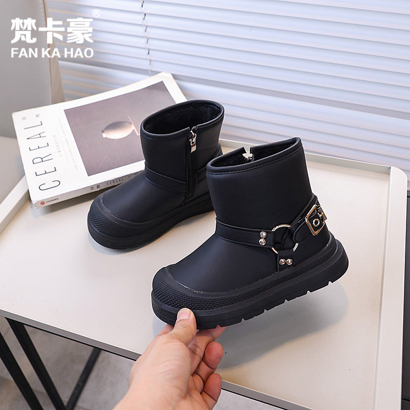 Vancahao boys' black ankle boots - new korean style for winter  - girls' casual boots - trendy cotton shoes for mid-to-large children
