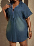 European and american cross-border independent station  summer new products lapel short sleeve loose dress denim shirt dress plus size