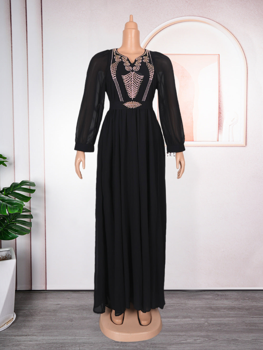 New long-sleeved african plus size women's dress - elegant & chic,  cross-border e-commerce, chiffon v-neck rhinestone embellished dress