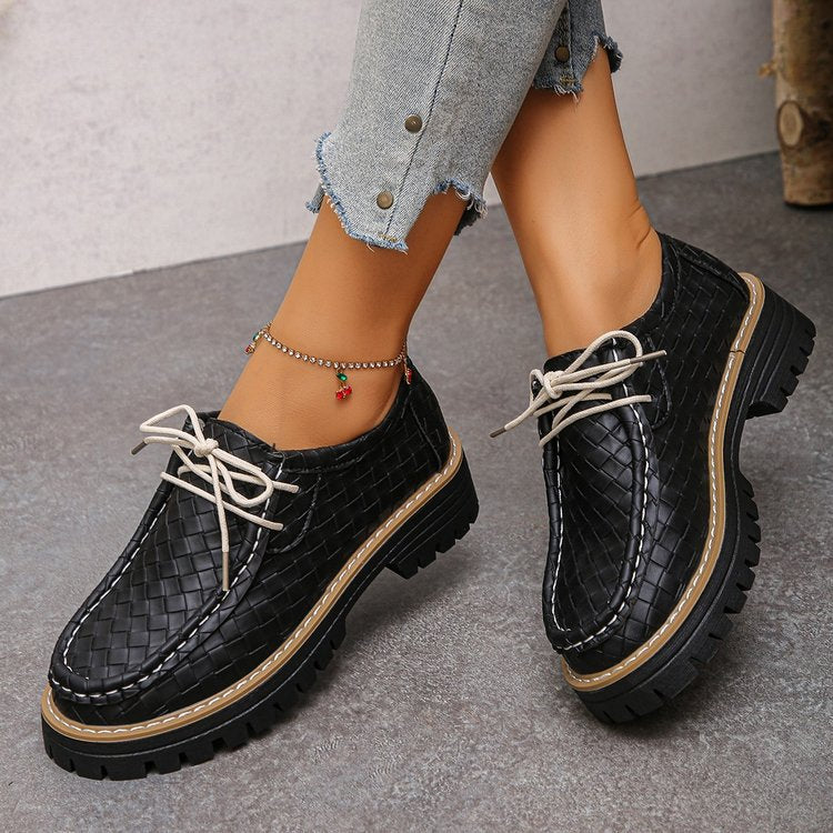 autumn women's casual leather loafers: comfortable round toe, chunky heel, retro style, soft leather, lace-up, platform sole