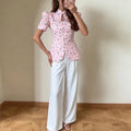 cross-border european and american women's clothing: new summer tops for women - fashionable, sweet, printed, cinched-waist, stand collar blouse