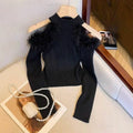 Atmosphere stuffed off-shoulder knitting shirt half turtleneck feather patchwork shoulder pit strip silmshort women's tops