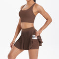 fashionpure color tight brushed cross back short skirt two-piece set running fitness training yoga suit
