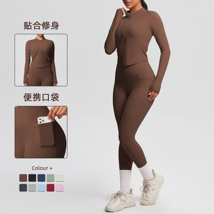 nude double-sided brushed tight long sleeves yoga suit outdoor running slimming look fitness pants sports suit women
