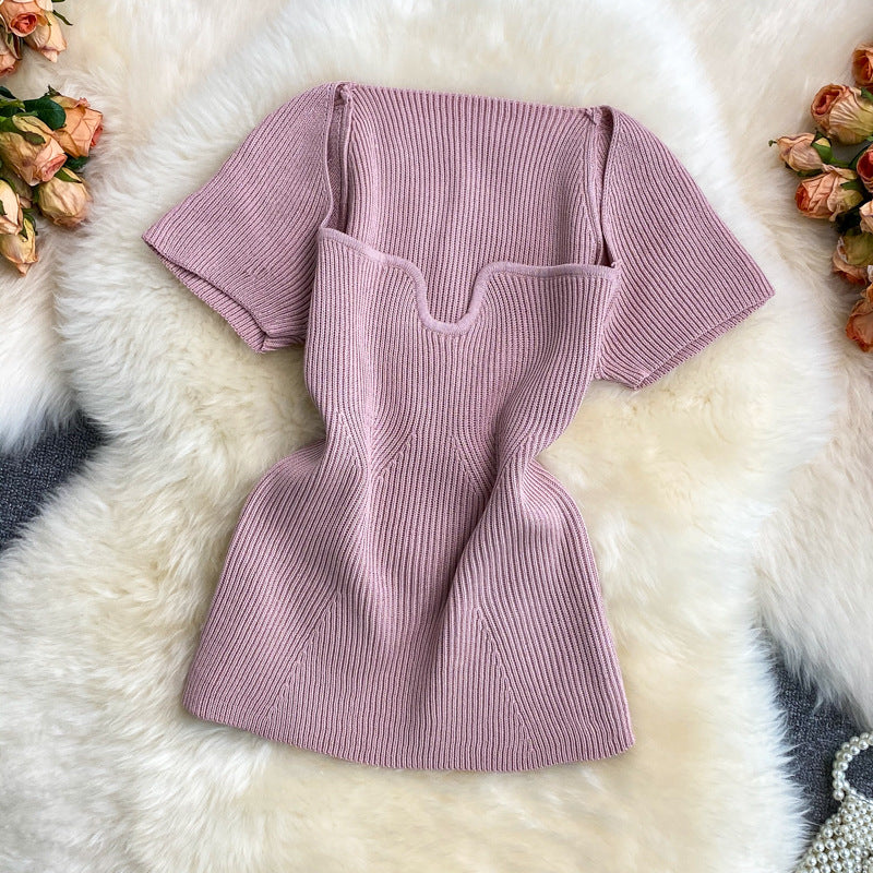 Summer hot girl style short t-shirt short sleeve sense of designniche style square neck heart exposed collarbone exposed navel knitting shirttops women